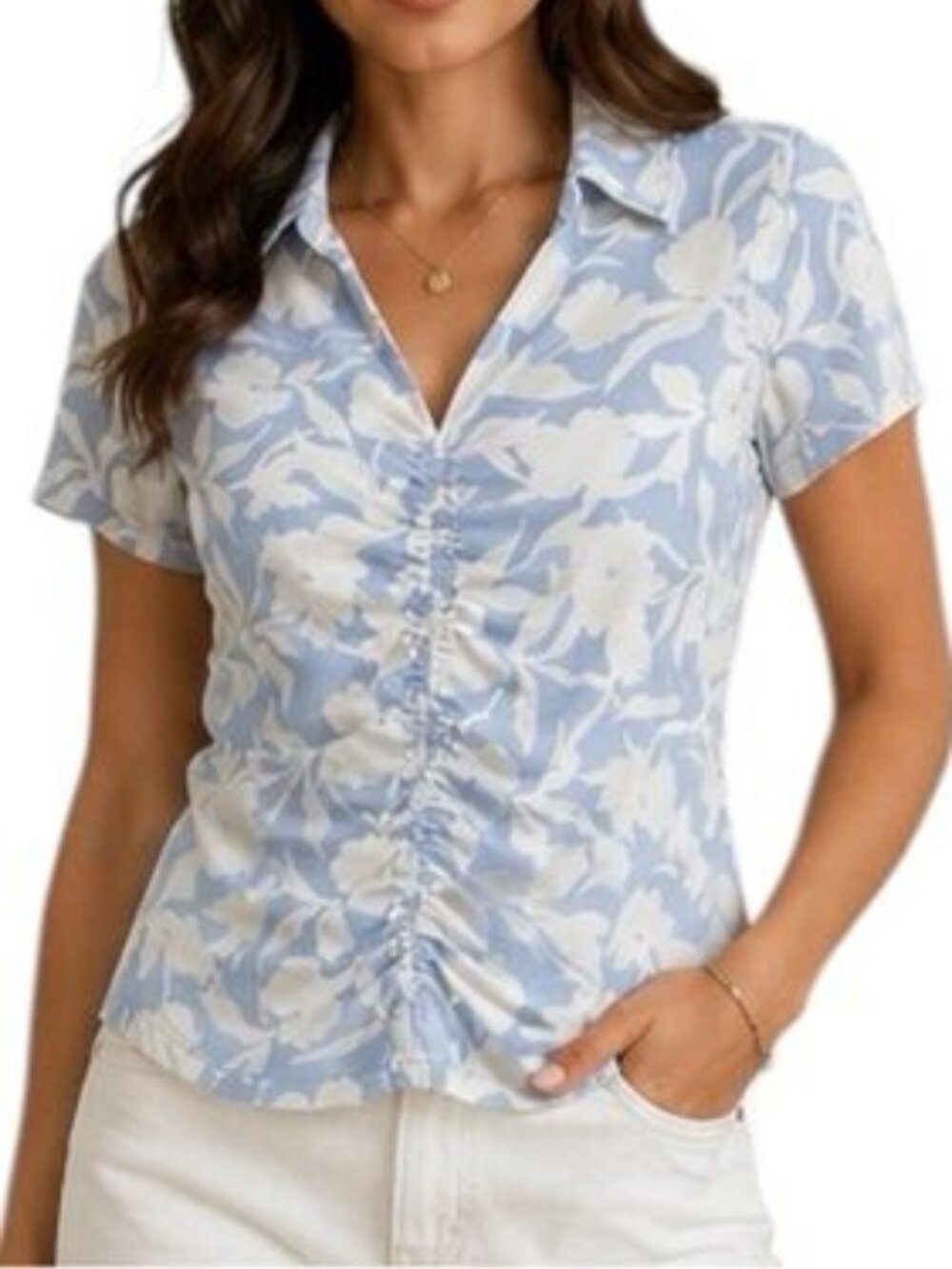 Sanctuary TShirt Blue & White Floral Collared Top Size Large